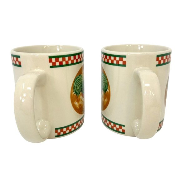Cardinal Mug Rooster Red Checker Pattern Hand Painted Coffee Tea Cup Lot of Two - Picture 2 of 10